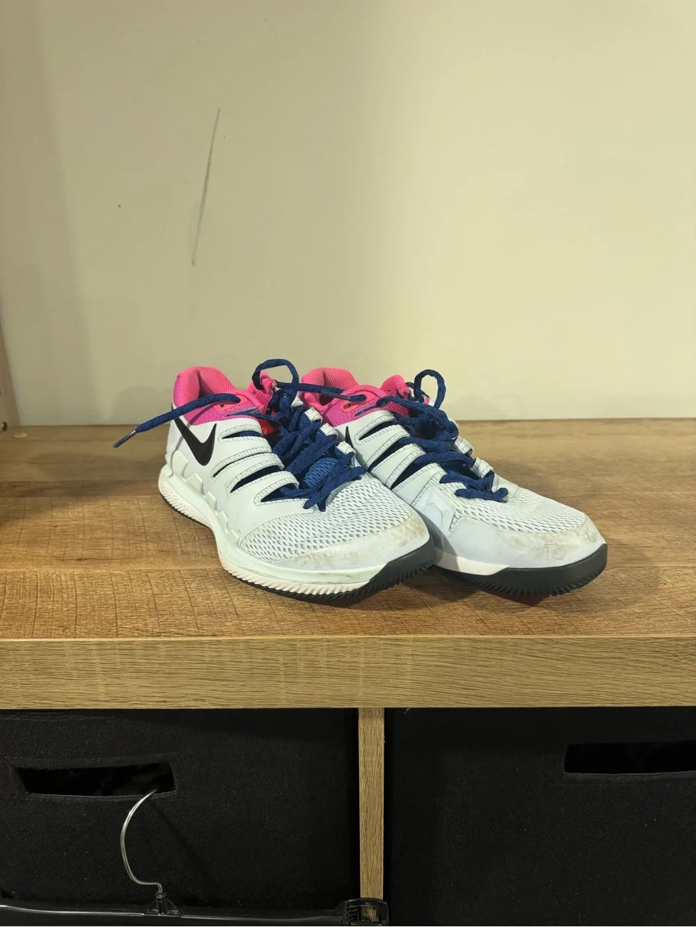 Nike Women's White Sneakers with Pink Lining and Navy Laces